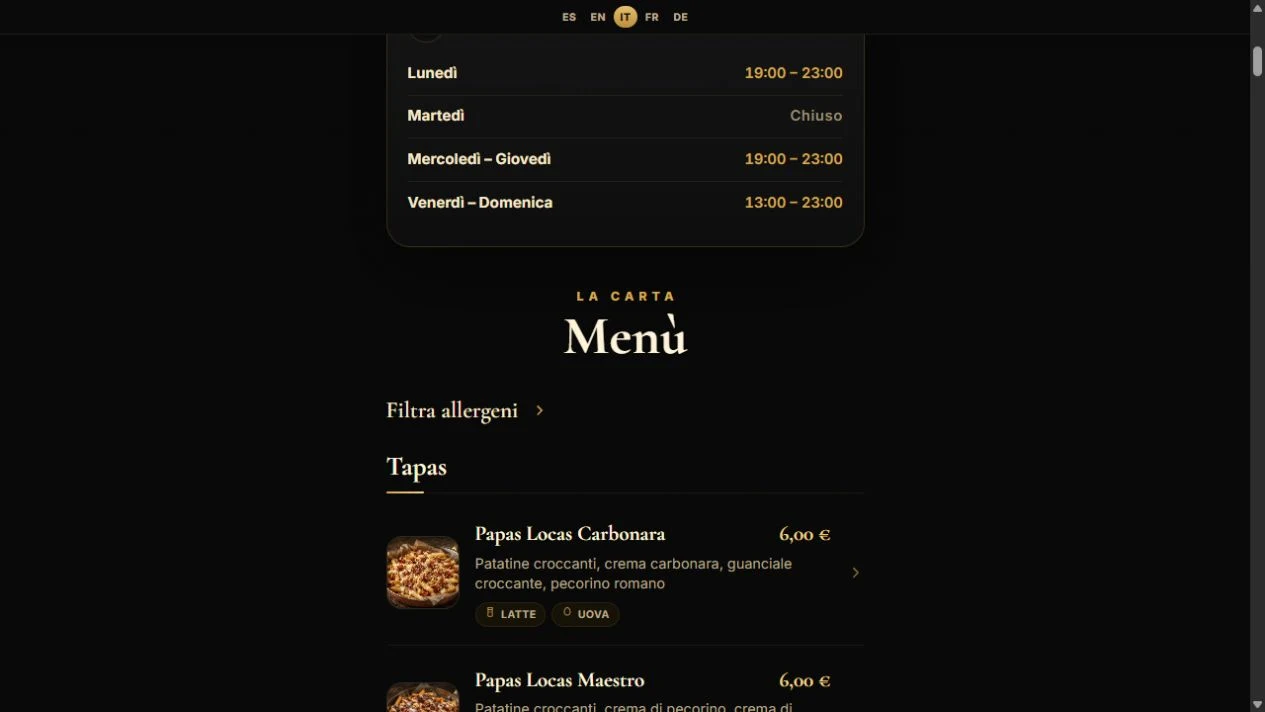 Maestro public menu and opening hours